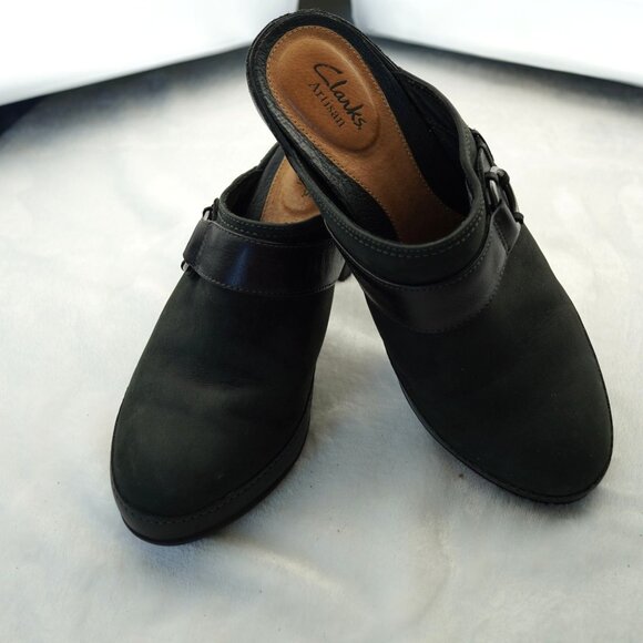 Clarks Artisan Black Leather Mule Heels 7M Buckle Slip-On Comfort Block Heel - Picture 5 of 10